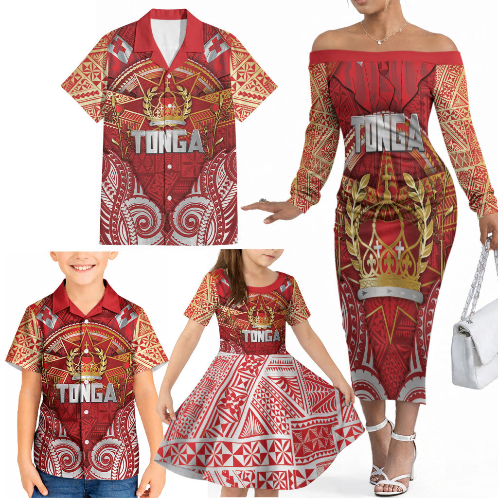 Tonga King's Birthday Family Matching Off The Shoulder Long Sleeve Dress and Hawaiian Shirt Gold Royal Crown Tribal Patterns DT05 - Polynesian Pride