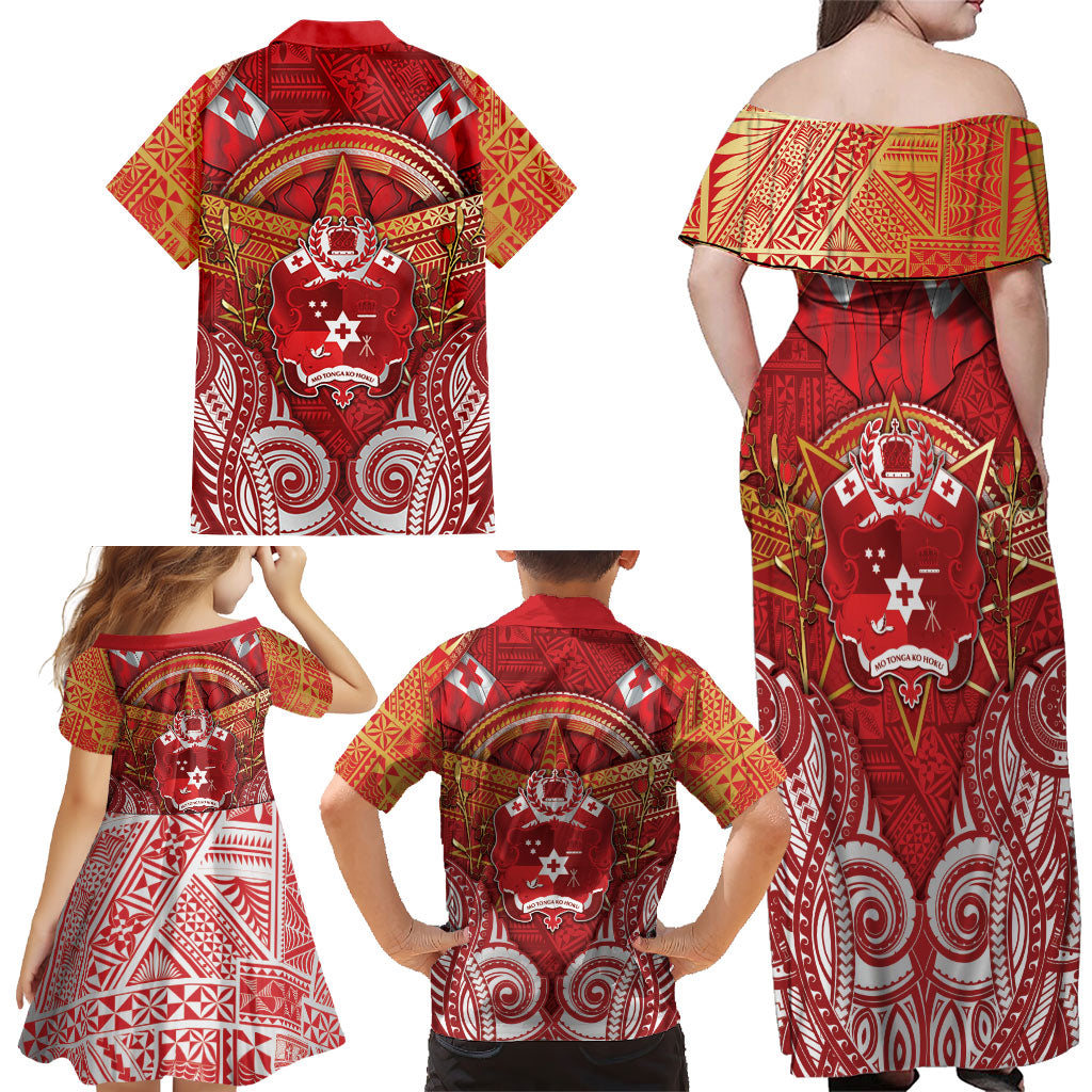 Tonga King's Birthday Family Matching Off Shoulder Maxi Dress and Hawaiian Shirt Gold Royal Crown Tribal Patterns DT05 - Polynesian Pride