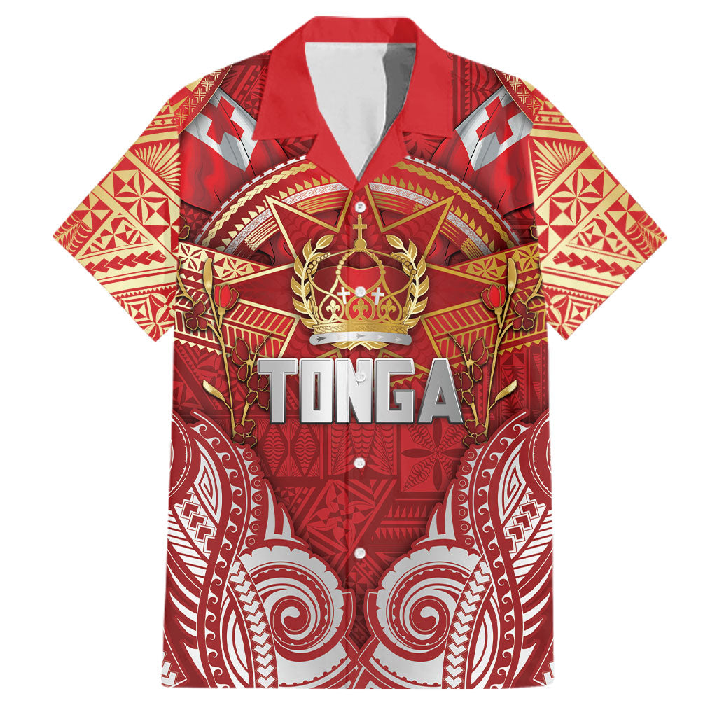 Tonga King's Birthday Family Matching Off Shoulder Maxi Dress and Hawaiian Shirt Gold Royal Crown Tribal Patterns DT05 Dad's Shirt - Short Sleeve Red - Polynesian Pride