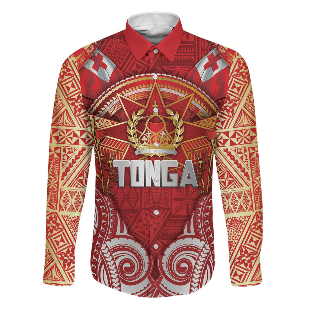 Tonga King's Birthday Family Matching Off Shoulder Maxi Dress and Hawaiian Shirt Gold Royal Crown Tribal Patterns DT05 Dad's Shirt - Long Sleeve Red - Polynesian Pride