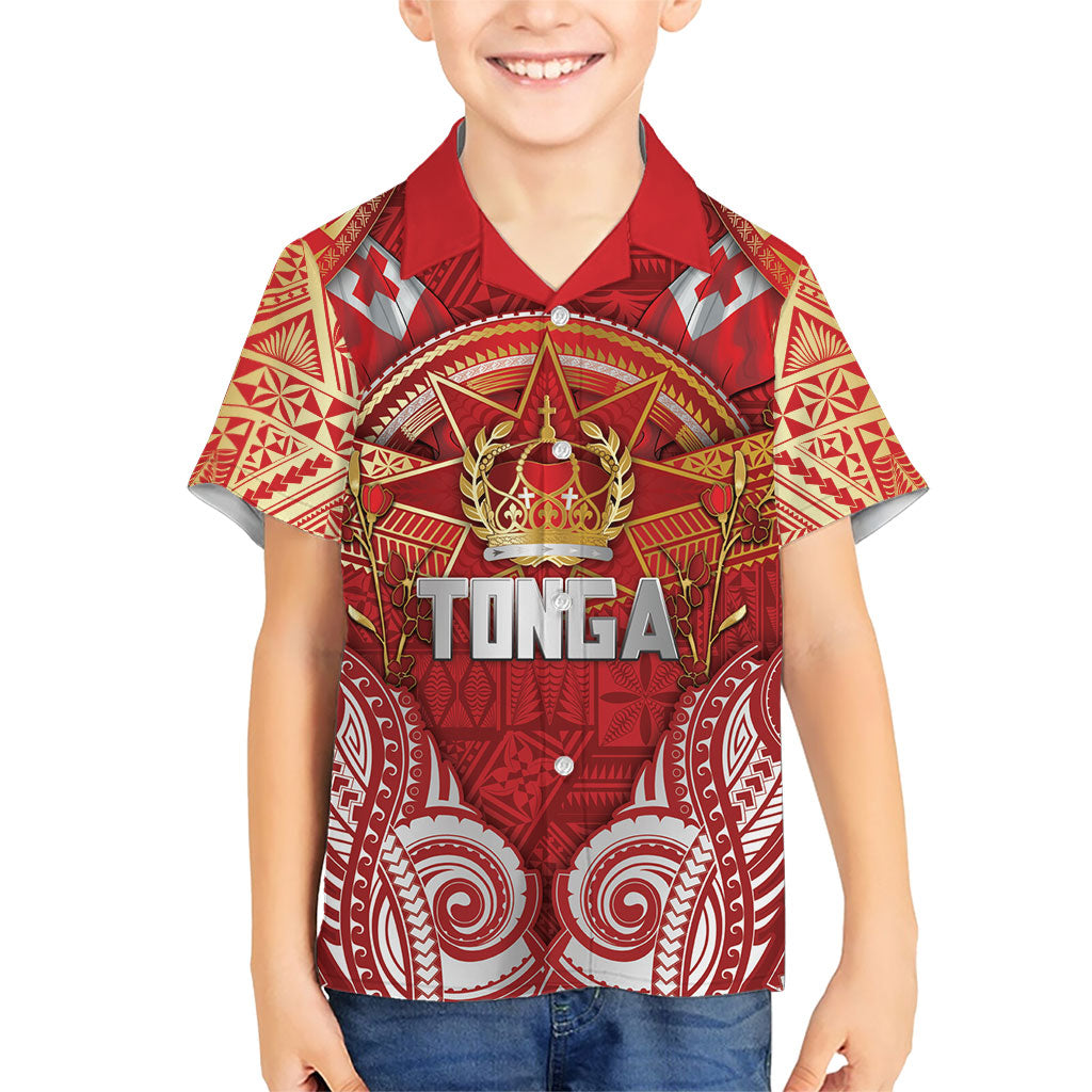 Tonga King's Birthday Family Matching Off Shoulder Maxi Dress and Hawaiian Shirt Gold Royal Crown Tribal Patterns DT05 Son's Shirt Red - Polynesian Pride