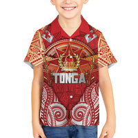 Tonga King's Birthday Family Matching Off Shoulder Maxi Dress and Hawaiian Shirt Gold Royal Crown Tribal Patterns DT05 Son's Shirt Red - Polynesian Pride