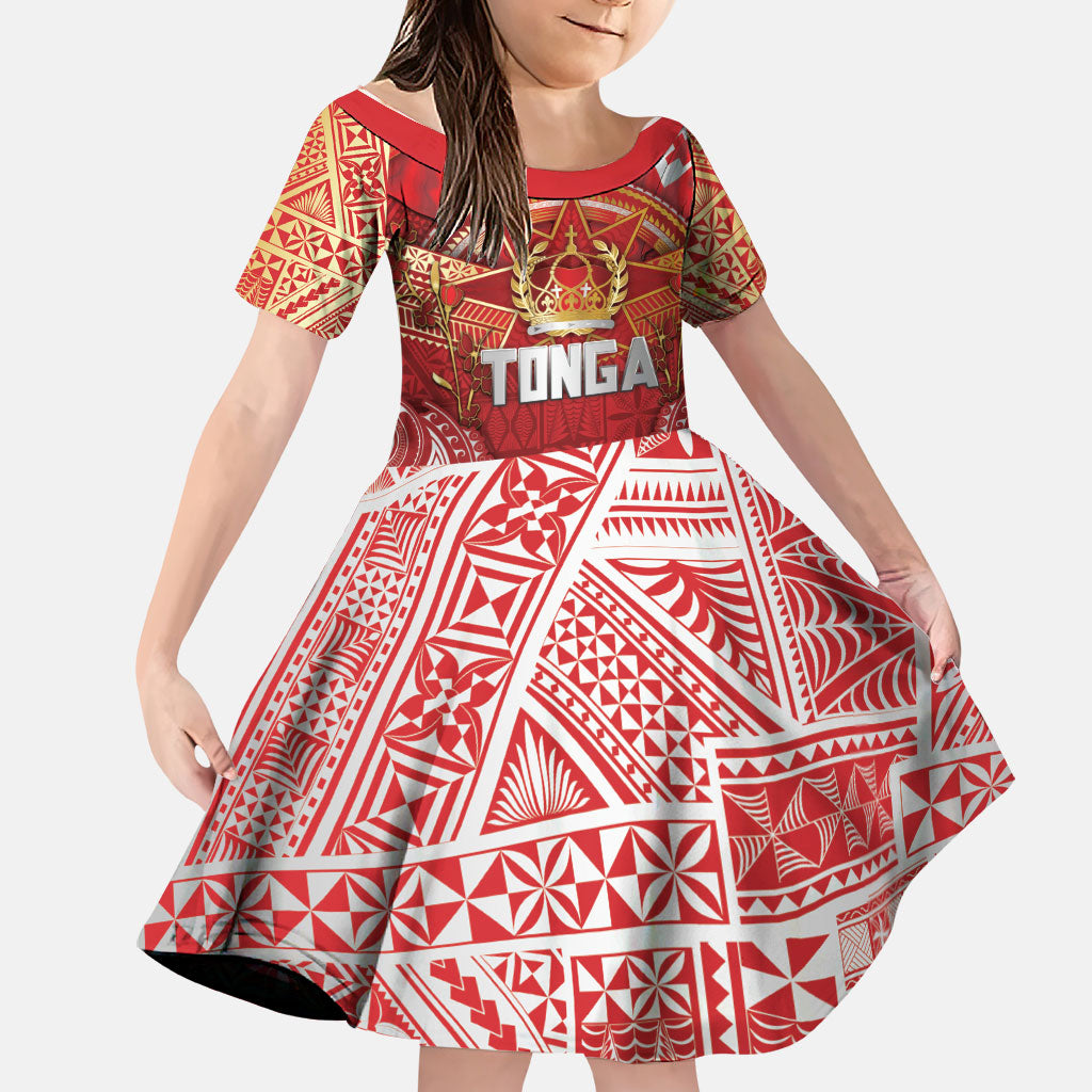 Tonga King's Birthday Family Matching Tank Maxi Dress and Hawaiian Shirt Gold Royal Crown Tribal Patterns DT05 Daughter's Dress Red - Polynesian Pride