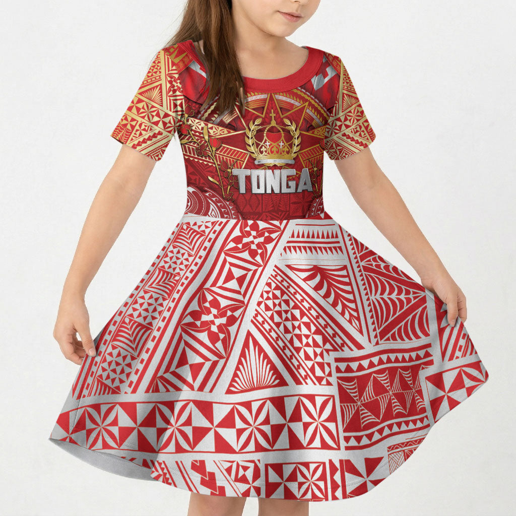 Tonga King's Birthday Kid Short Sleeve Dress Gold Royal Crown Tribal Patterns DT05 KID Red - Polynesian Pride