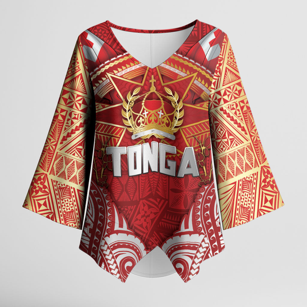 Tonga King's Birthday Kimono Sleeve Blouse Gold Royal Crown Tribal Patterns DT05 Female Red - Polynesian Pride