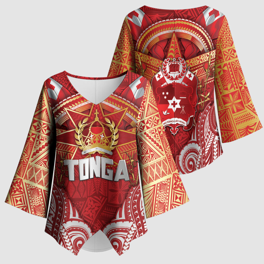 Tonga King's Birthday Kimono Sleeve Blouse Gold Royal Crown Tribal Patterns