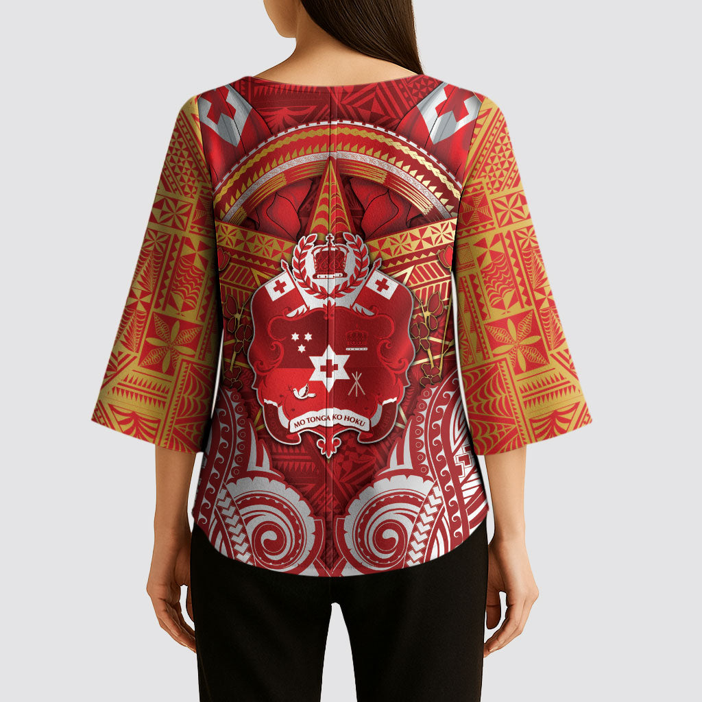 Tonga King's Birthday Kimono Sleeve Blouse Gold Royal Crown Tribal Patterns