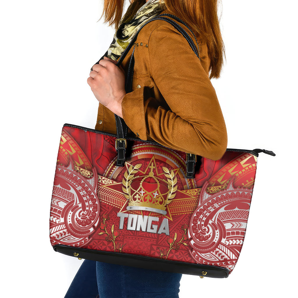 Tonga King's Birthday Leather Tote Bag Gold Royal Crown Tribal Patterns DT05 Red - Polynesian Pride