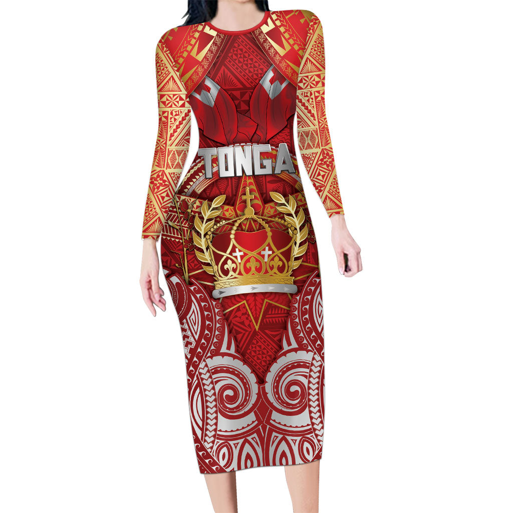 Tonga King's Birthday Long Sleeve Bodycon Dress Gold Royal Crown Tribal Patterns DT05 Long Dress Red - Polynesian Pride