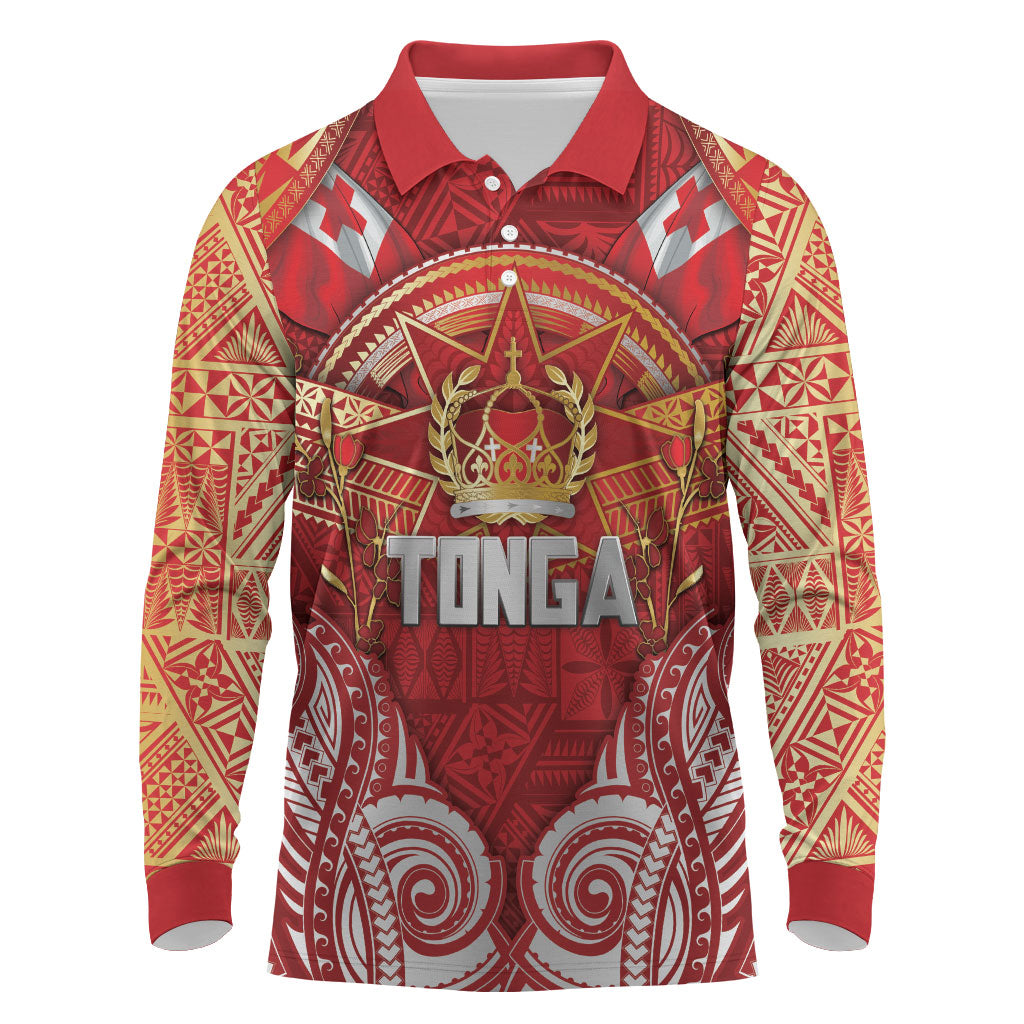 Tonga King's Birthday Long Sleeve Polo Shirt Gold Royal Crown Tribal Patterns DT05 Red - Polynesian Pride