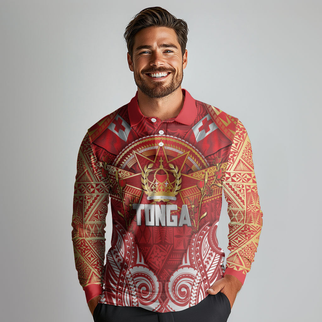Tonga King's Birthday Long Sleeve Polo Shirt Gold Royal Crown Tribal Patterns DT05 - Polynesian Pride