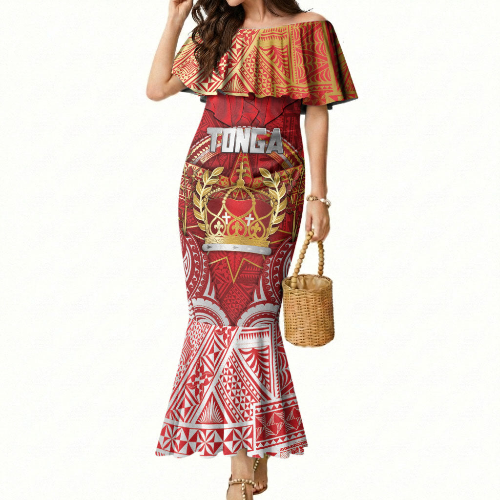 Tonga King's Birthday Mermaid Dress Gold Royal Crown Tribal Patterns DT05 Women Red - Polynesian Pride
