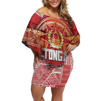 Tonga King's Birthday Off Shoulder Short Dress Gold Royal Crown Tribal Patterns