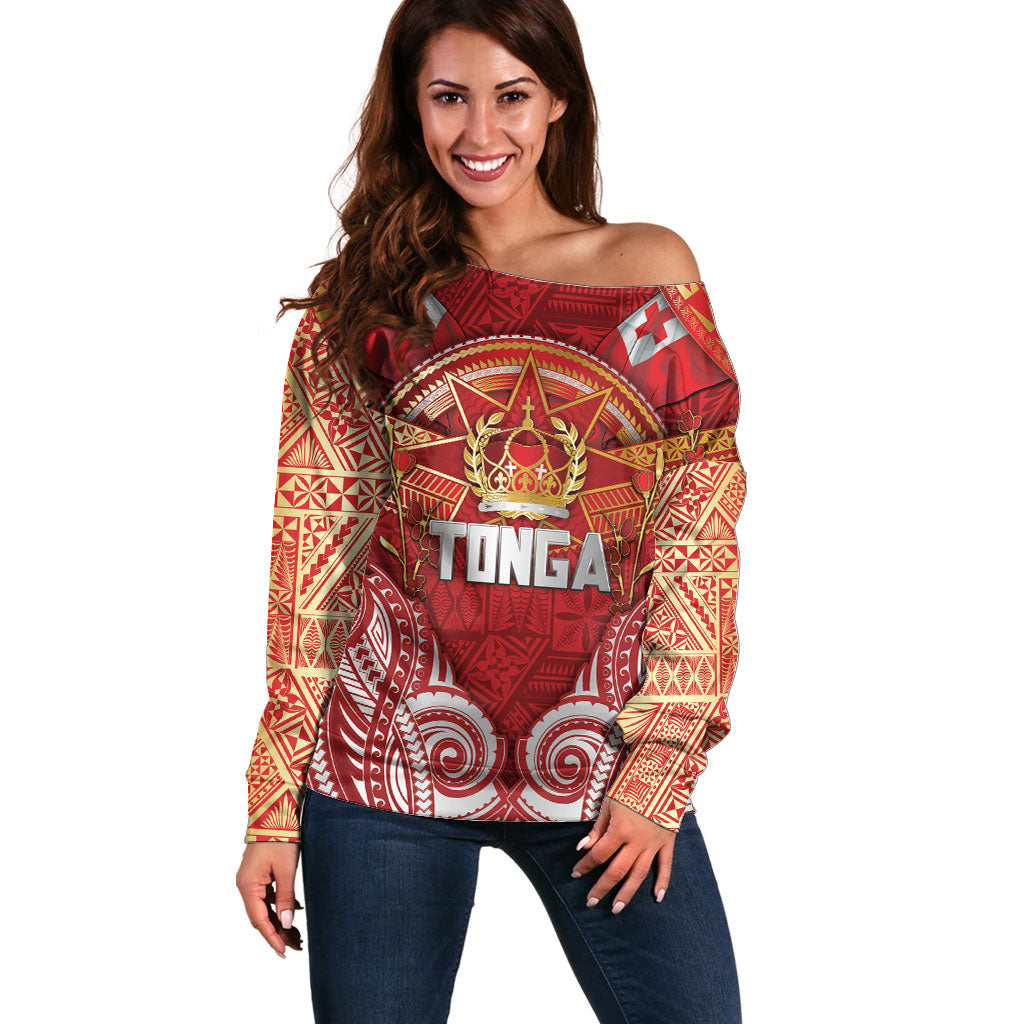 Tonga King's Birthday Off Shoulder Sweater Gold Royal Crown Tribal Patterns DT05 Women Red - Polynesian Pride