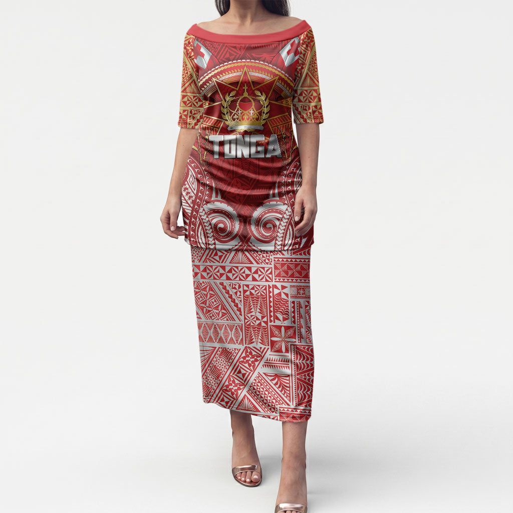 Tonga King's Birthday Puletasi Gold Royal Crown Tribal Patterns DT05 Long Dress Red - Polynesian Pride