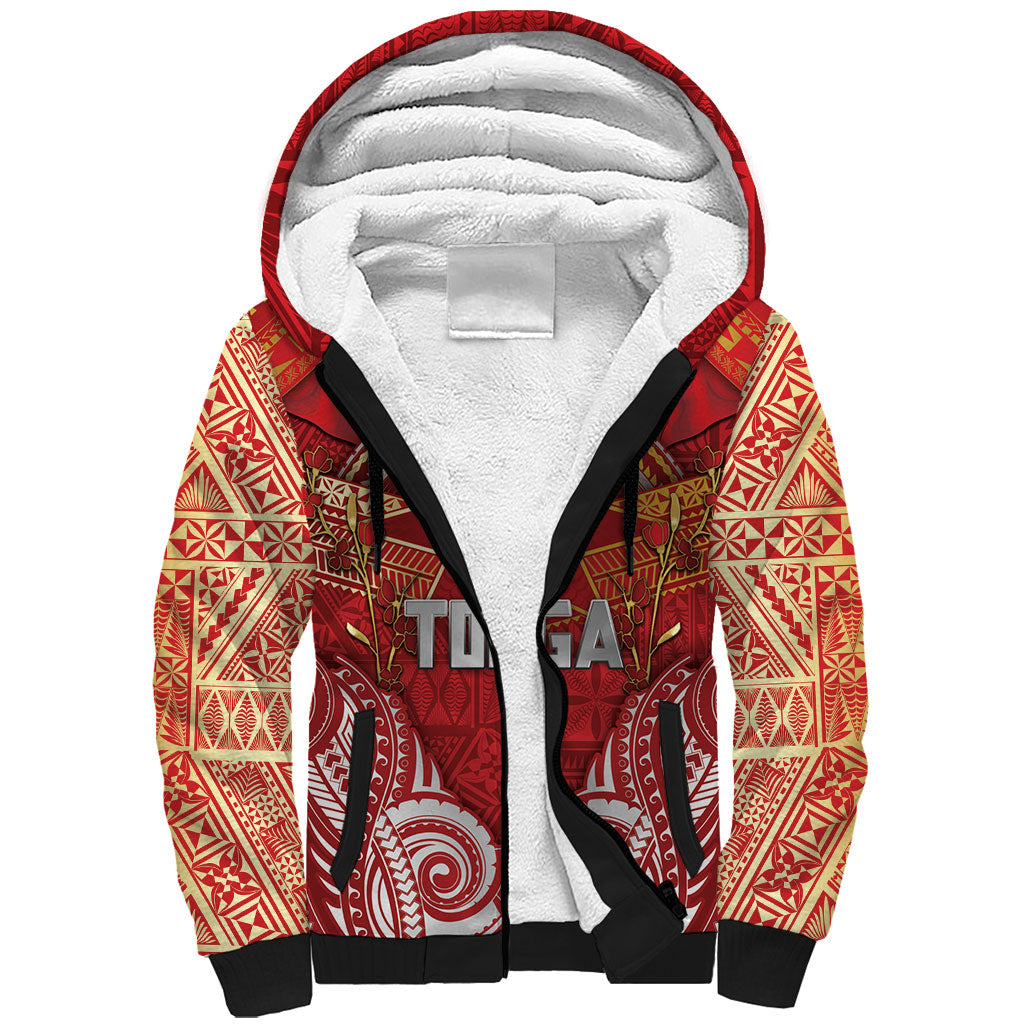 Tonga King's Birthday Sherpa Hoodie Gold Royal Crown Tribal Patterns DT05 Unisex Red - Polynesian Pride