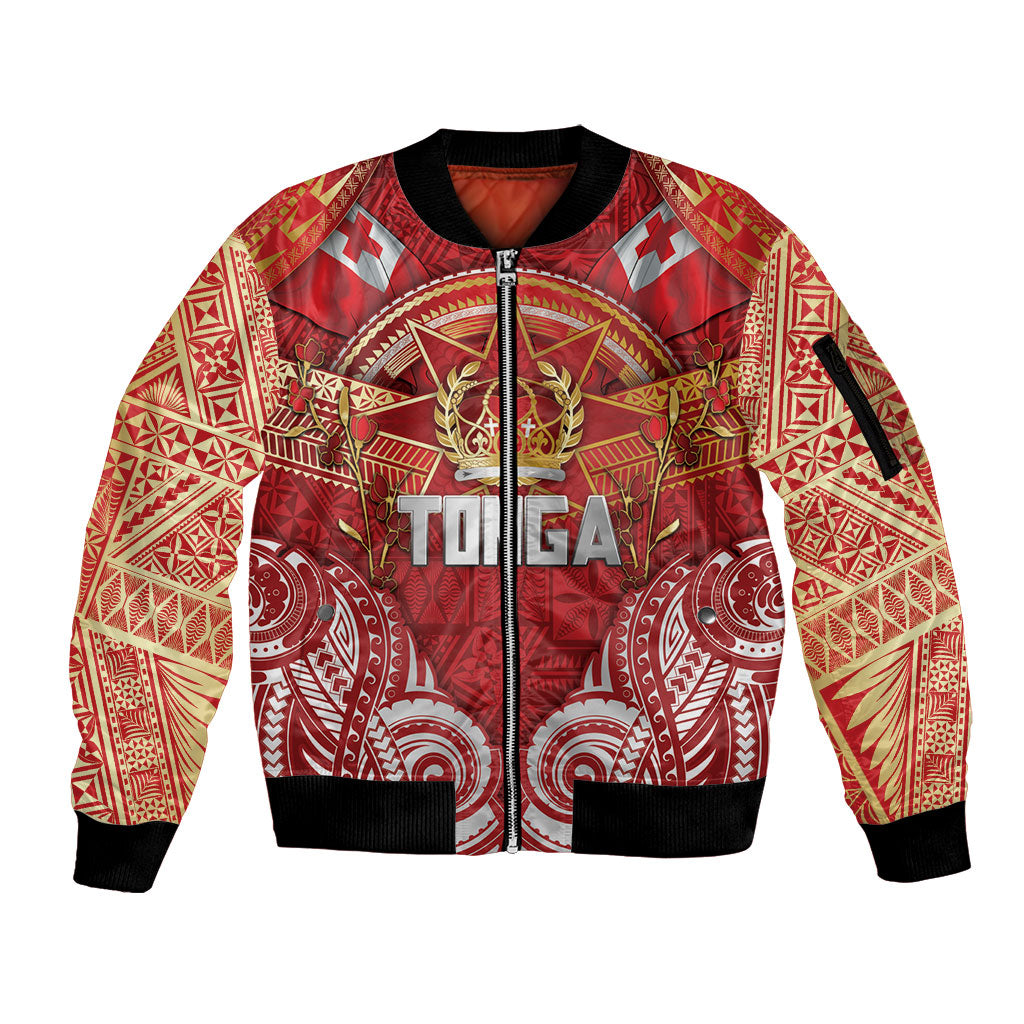 Tonga King's Birthday Sleeve Zip Bomber Jacket Gold Royal Crown Tribal Patterns DT05 Unisex Red - Polynesian Pride