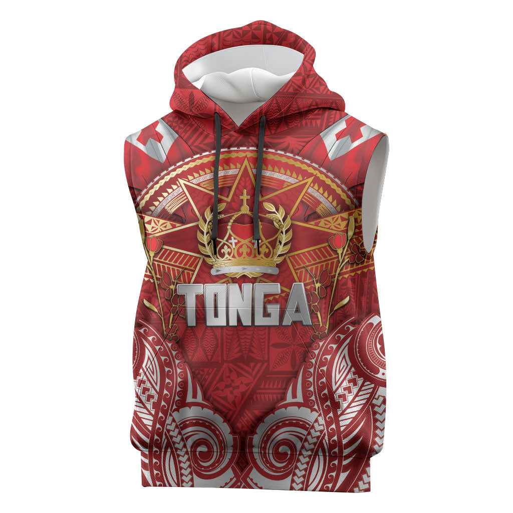 Tonga King's Birthday Sleeveless Hoodie Gold Royal Crown Tribal Patterns DT05 Red - Polynesian Pride