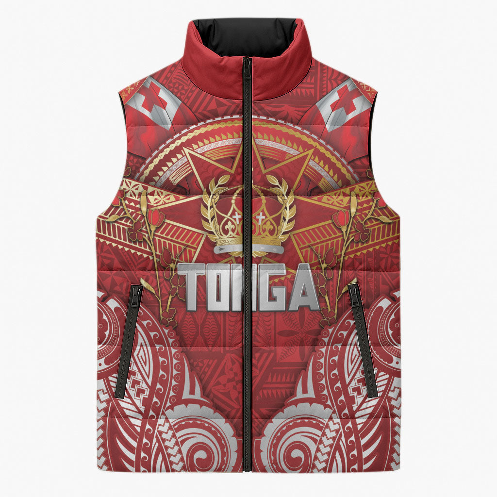 Tonga King's Birthday Sleeveless Puffer Jacket Gold Royal Crown Tribal Patterns DT05 Unisex Red - Polynesian Pride