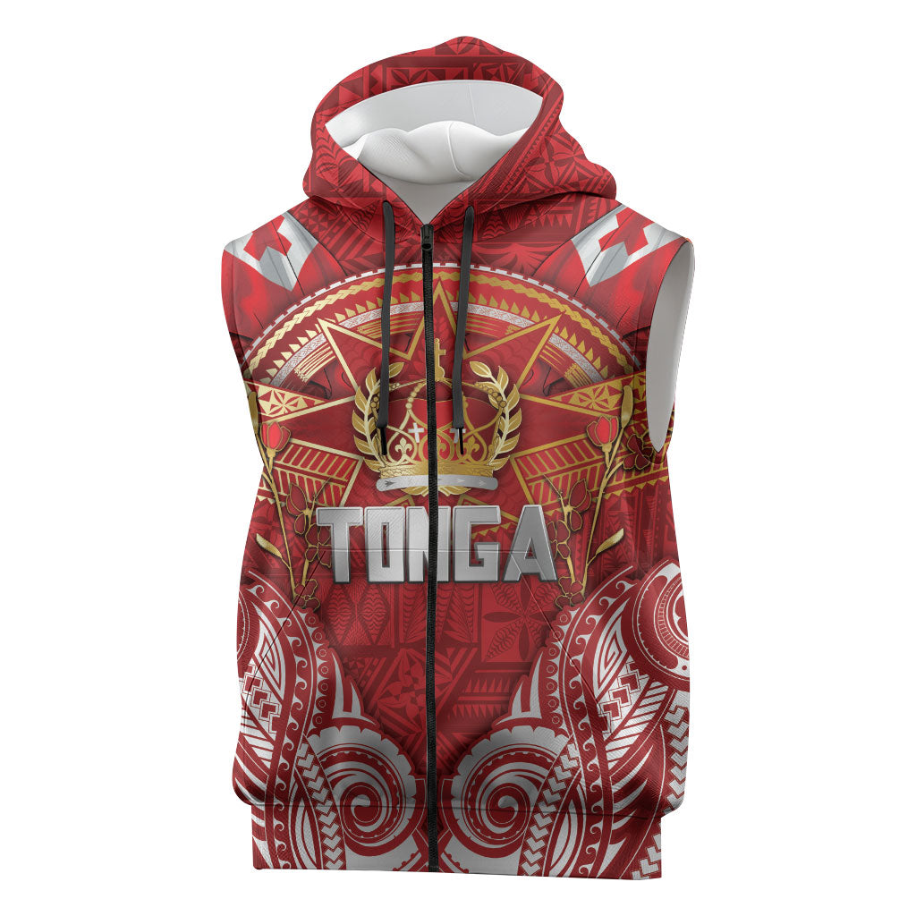 Tonga King's Birthday Sleeveless Zip Hoodie Gold Royal Crown Tribal Patterns DT05 Red - Polynesian Pride