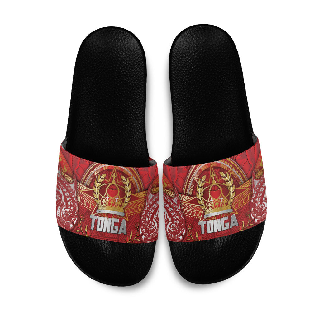 Tonga King's Birthday Slide Sandals Gold Royal Crown Tribal Patterns DT05 Red - Polynesian Pride