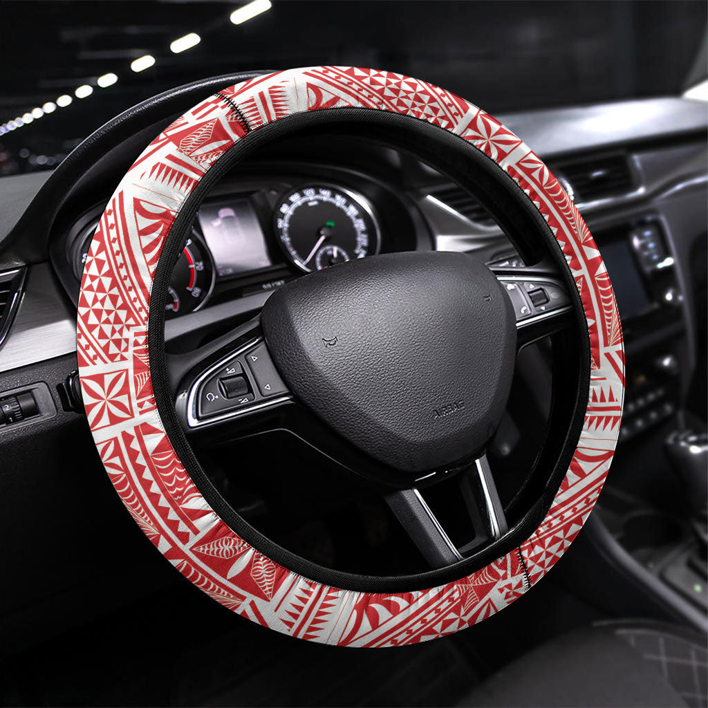 Tonga King's Birthday Steering Wheel Cover Gold Royal Crown Tribal Patterns DT05 Universal Fit Red - Polynesian Pride