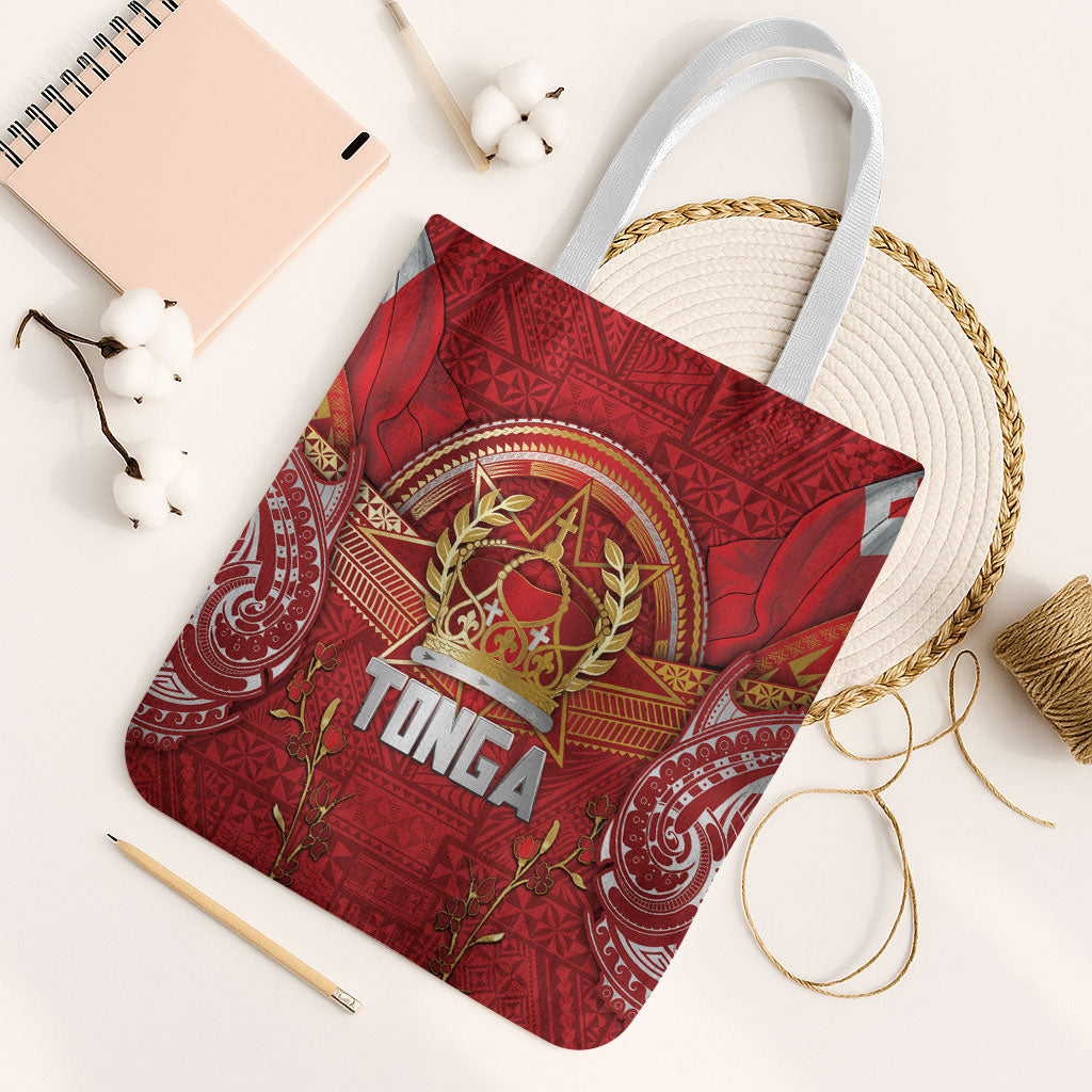 Tonga King's Birthday Tote Bag Gold Royal Crown Tribal Patterns DT05 White Strap One Size Red - Polynesian Pride