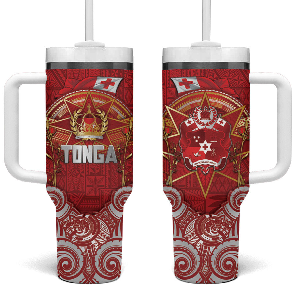 Tonga King's Birthday Tumbler With Handle Gold Royal Crown Tribal Patterns DT05 One Size: 40 oz Red - Polynesian Pride