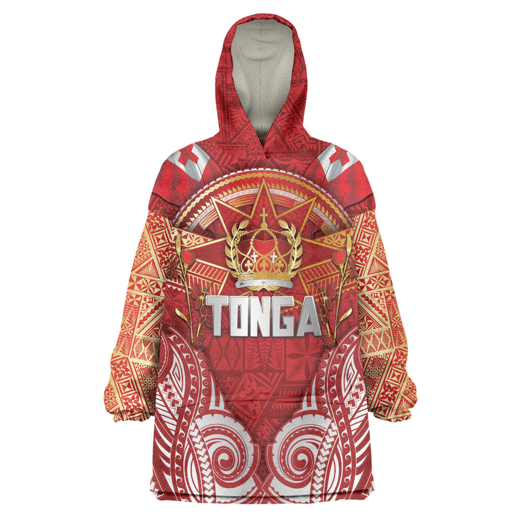Tonga King's Birthday Wearable Blanket Hoodie Gold Royal Crown Tribal Patterns DT05 One Size Red - Polynesian Pride