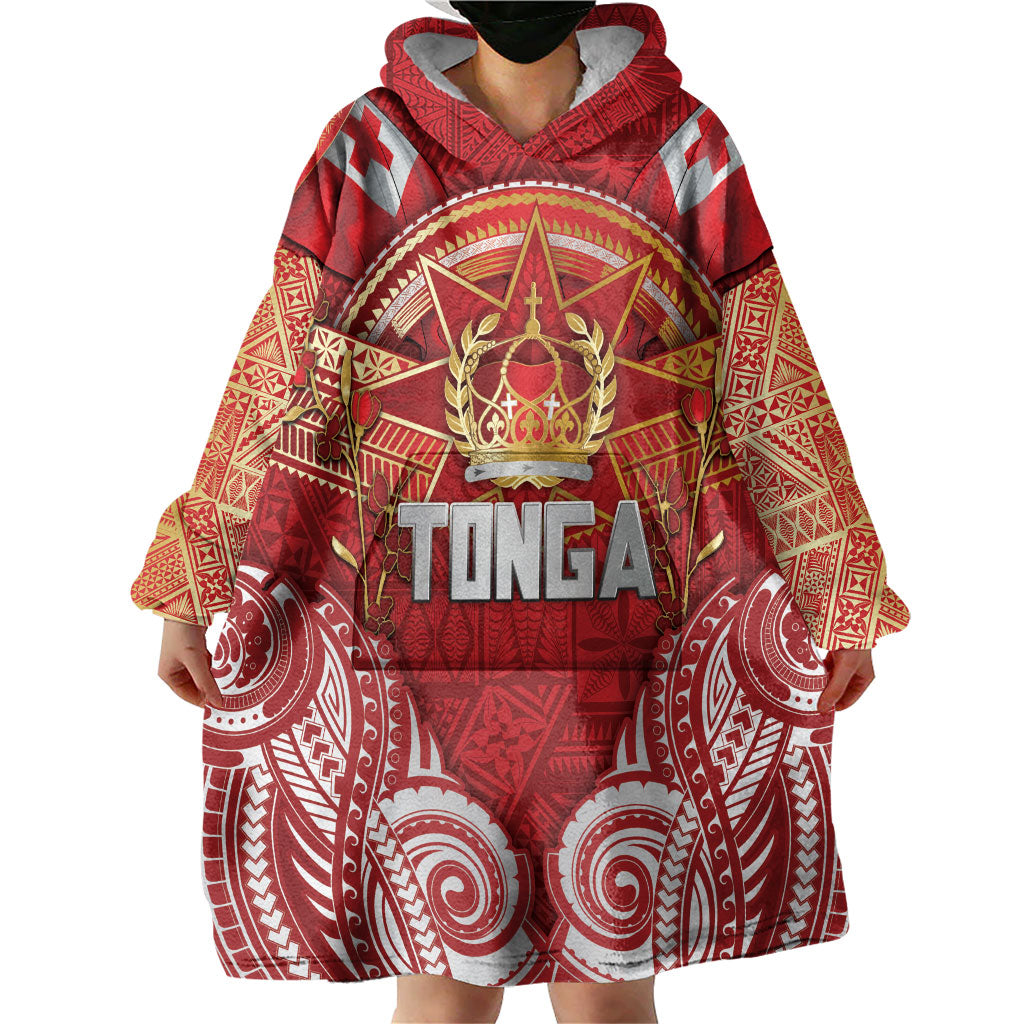 Tonga King's Birthday Wearable Blanket Hoodie Gold Royal Crown Tribal Patterns