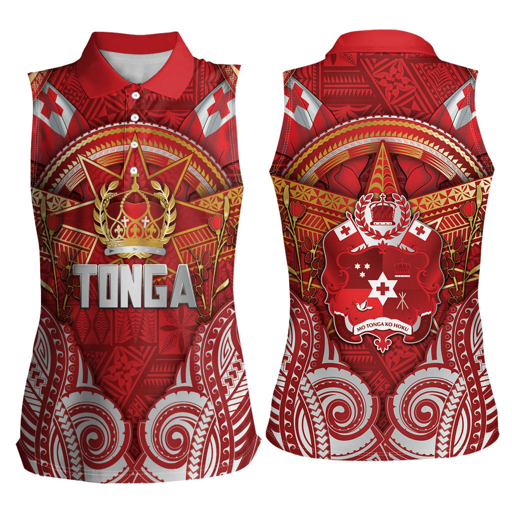 Tonga King's Birthday Women Sleeveless Polo Shirt Gold Royal Crown Tribal Patterns DT05 - Polynesian Pride