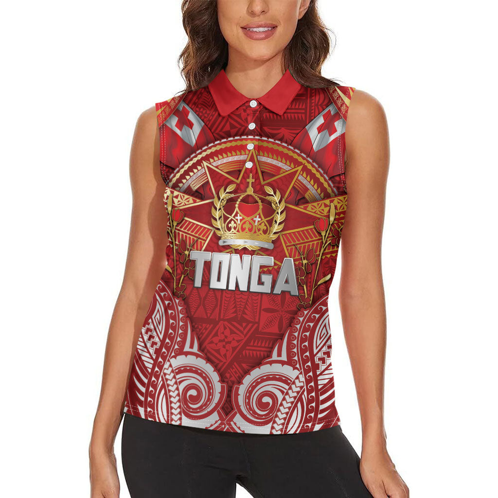 Tonga King's Birthday Women Sleeveless Polo Shirt Gold Royal Crown Tribal Patterns DT05 - Polynesian Pride