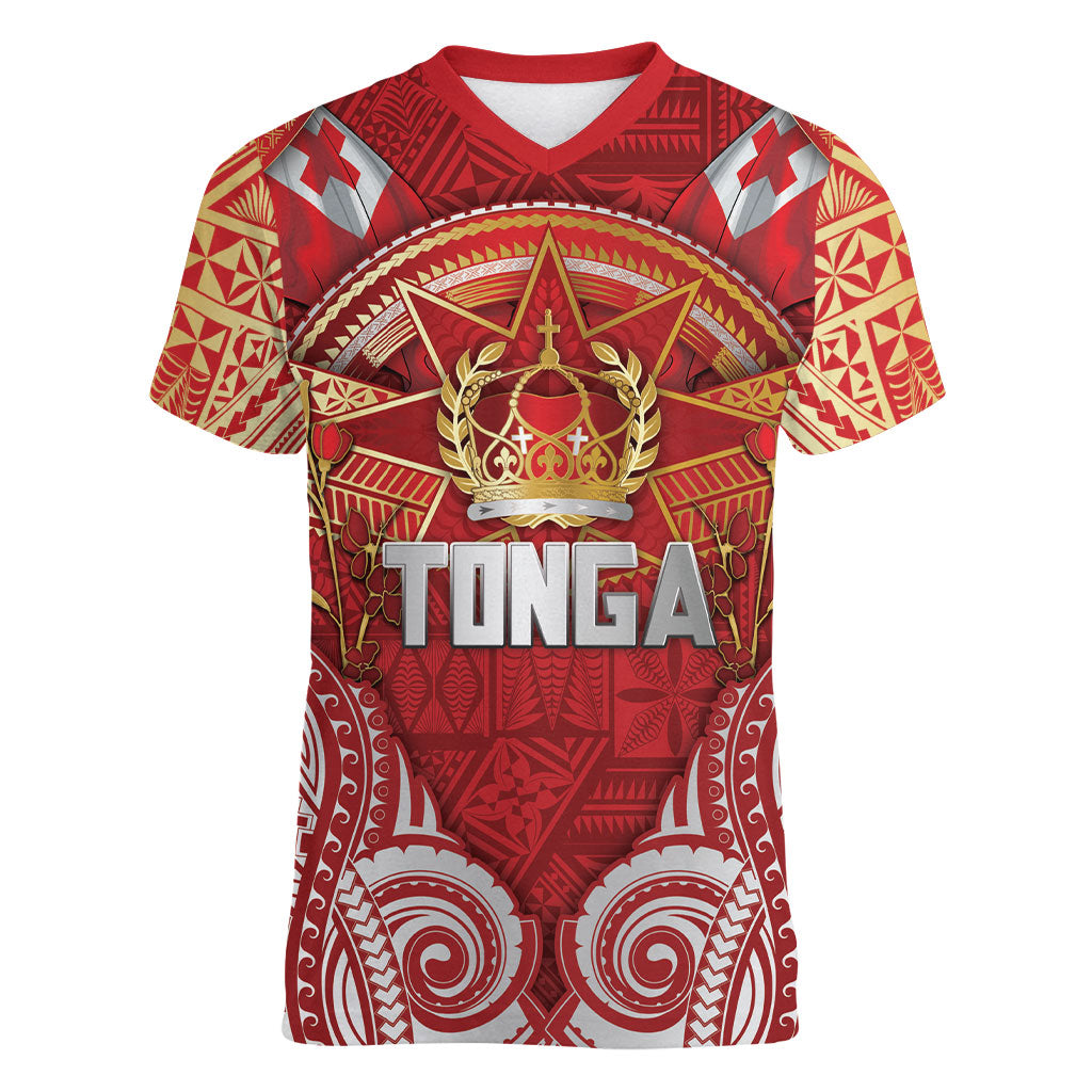 Tonga King's Birthday Women V-Neck T-Shirt Gold Royal Crown Tribal Patterns