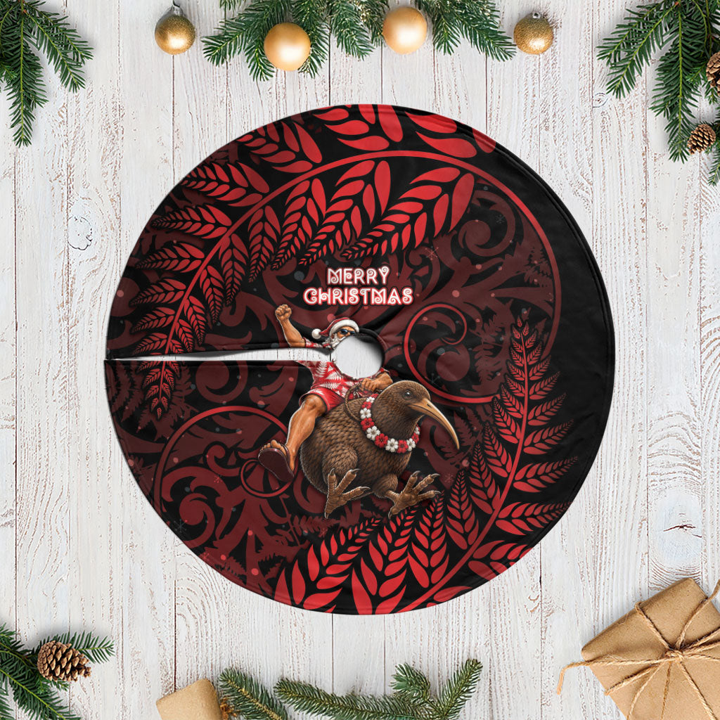 New Zealand Christmas Tree Skirt Red Santa Riding Kiwi Bird Silver Fern DT05 Casual Red - Polynesian Pride