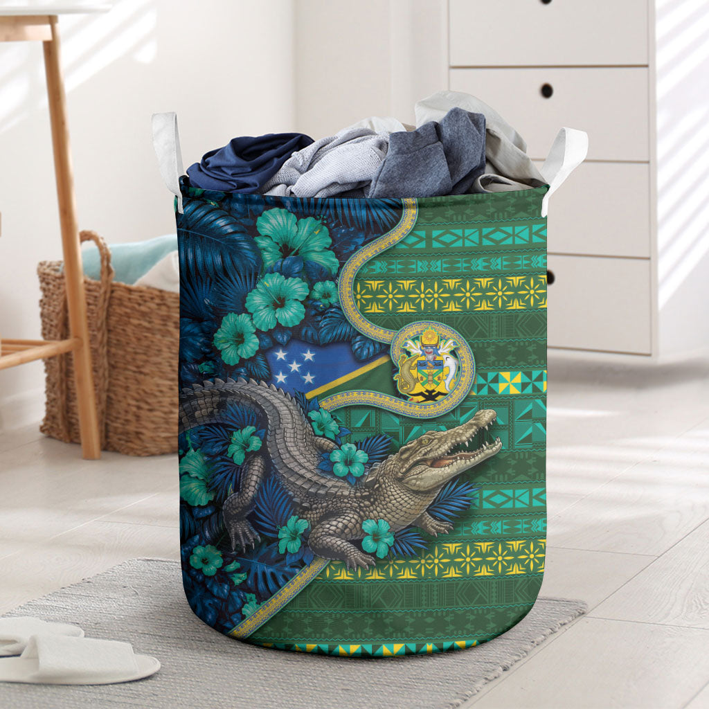 Solomon Islands Independence Day Laundry Basket Crocodile Hibiscus Tribal Pattern DT05 Green - Polynesian Pride