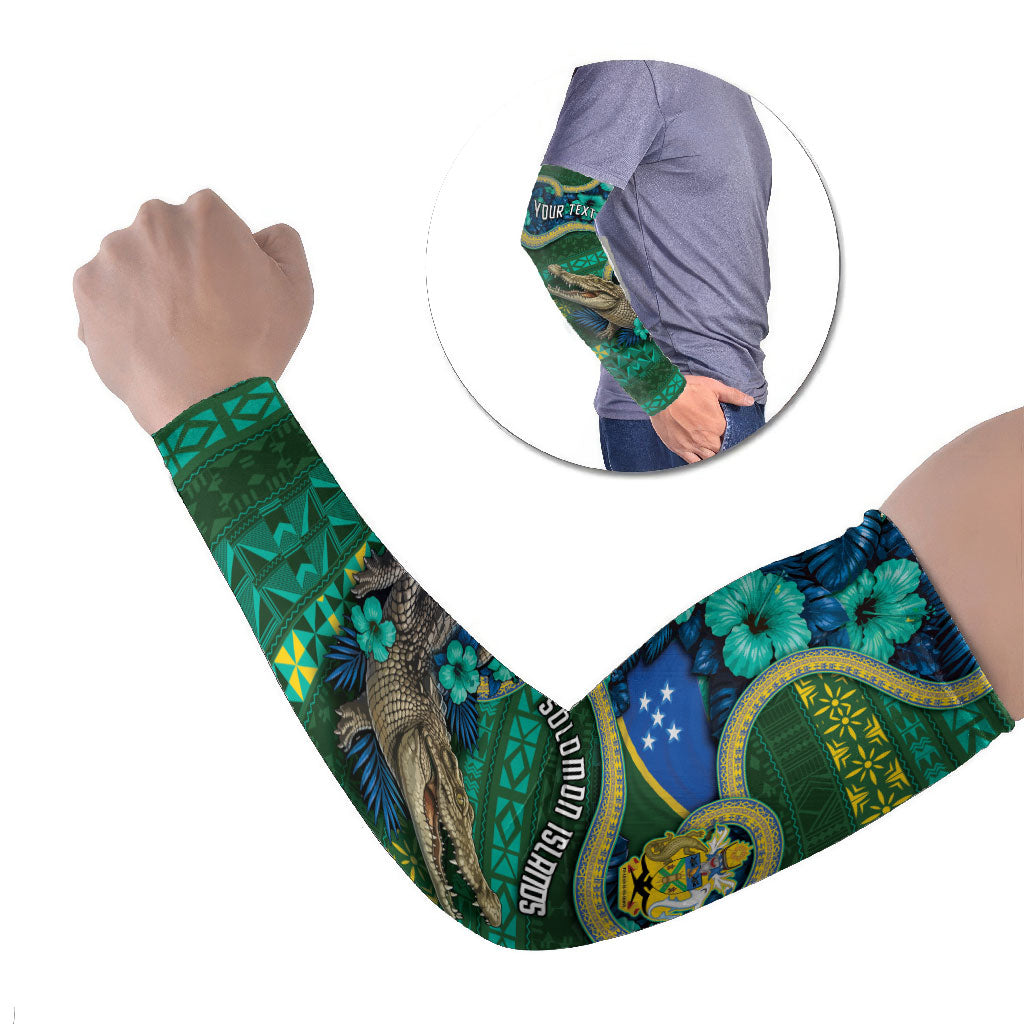 Personalised Solomon Islands Independence Day Arm Sleeves Crocodile Hibiscus Tribal Pattern DT05 Set of 2 Green - Polynesian Pride