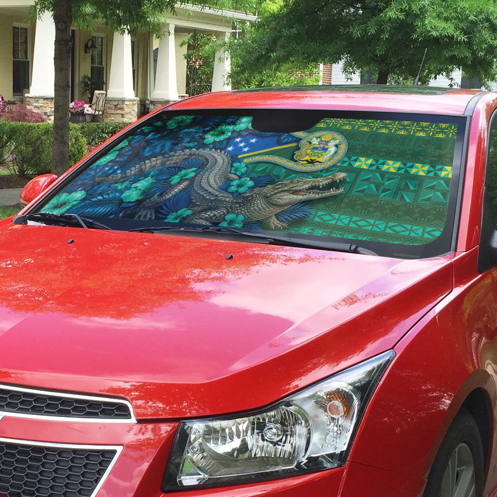 Solomon Islands Independence Day Auto Sun Shade Crocodile Hibiscus Tribal Pattern DT05 - Polynesian Pride