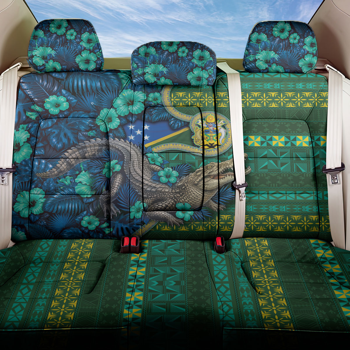 Solomon Islands Independence Day Back Car Seat Cover Crocodile Hibiscus Tribal Pattern DT05 One Size Green - Polynesian Pride