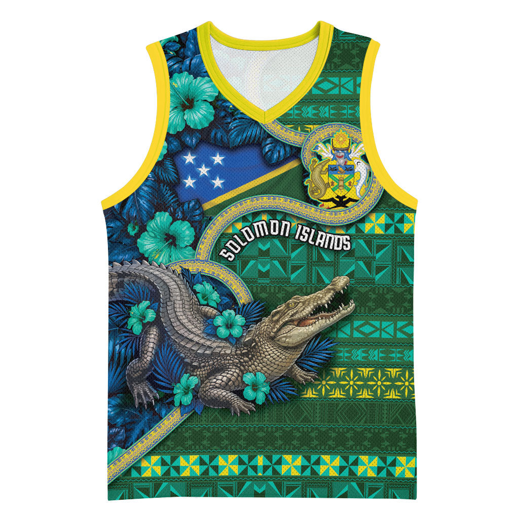 Personalised Solomon Islands Independence Day Basketball Jersey Crocodile Hibiscus Tribal Pattern DT05 Unisex Green - Polynesian Pride