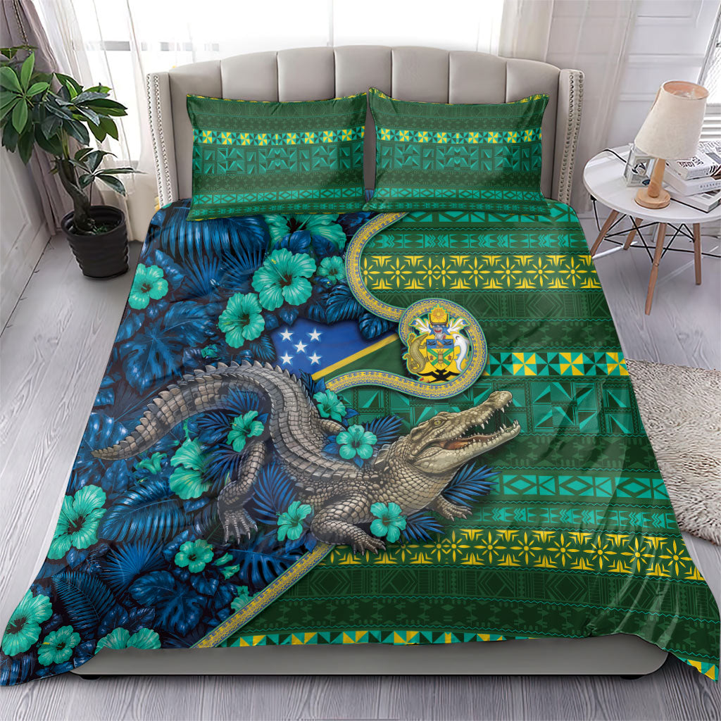 Solomon Islands Independence Day Bedding Set Crocodile Hibiscus Tribal Pattern DT05 - Polynesian Pride