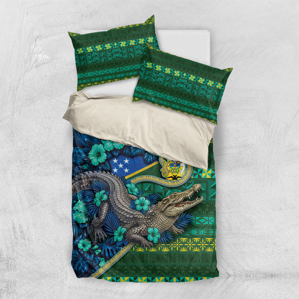 Solomon Islands Independence Day Bedding Set Crocodile Hibiscus Tribal Pattern DT05 US Twin 172cm x 218cm Green - Polynesian Pride