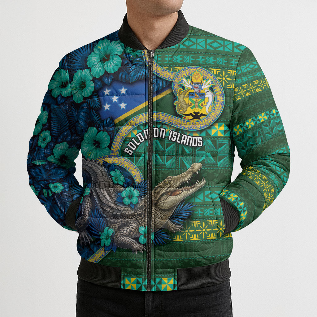 Personalised Solomon Islands Independence Day Bomber Puffer Jacket Crocodile Hibiscus Tribal Pattern DT05 - Polynesian Pride