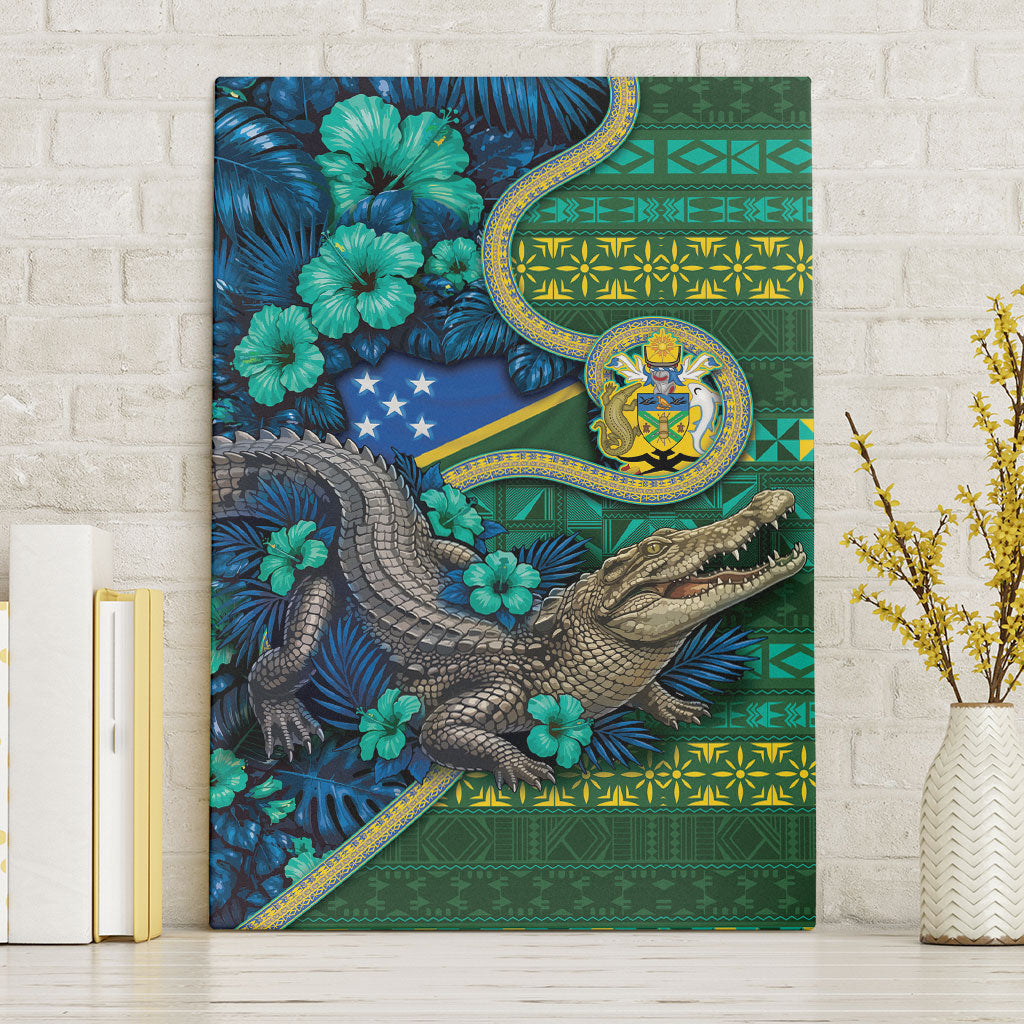 Solomon Islands Independence Day Canvas Wall Art Crocodile Hibiscus Tribal Pattern DT05 Without Frame Green - Polynesian Pride
