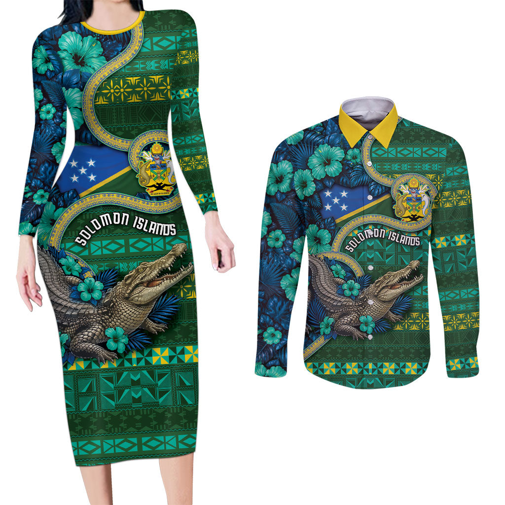 Personalised Solomon Islands Independence Day Couples Matching Long Sleeve Bodycon Dress and Long Sleeve Button Shirt Crocodile Hibiscus Tribal Pattern DT05 Green - Polynesian Pride