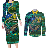 Personalised Solomon Islands Independence Day Couples Matching Long Sleeve Bodycon Dress and Long Sleeve Button Shirt Crocodile Hibiscus Tribal Pattern DT05 Green - Polynesian Pride