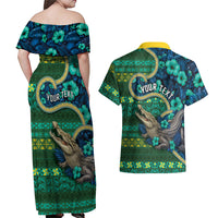 Personalised Solomon Islands Independence Day Couples Matching Off Shoulder Maxi Dress and Hawaiian Shirt Crocodile Hibiscus Tribal Pattern DT05 - Polynesian Pride