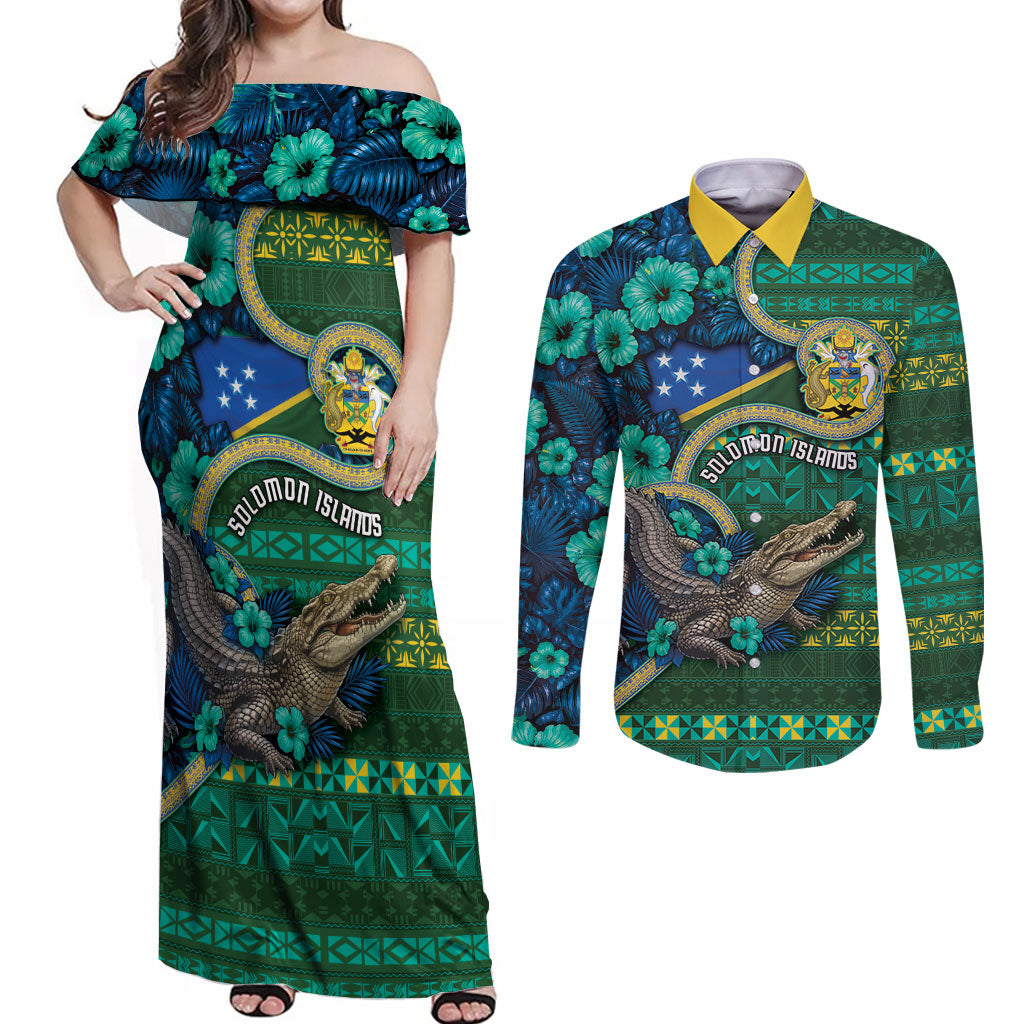 Personalised Solomon Islands Independence Day Couples Matching Off Shoulder Maxi Dress and Long Sleeve Button Shirt Crocodile Hibiscus Tribal Pattern DT05 Green - Polynesian Pride