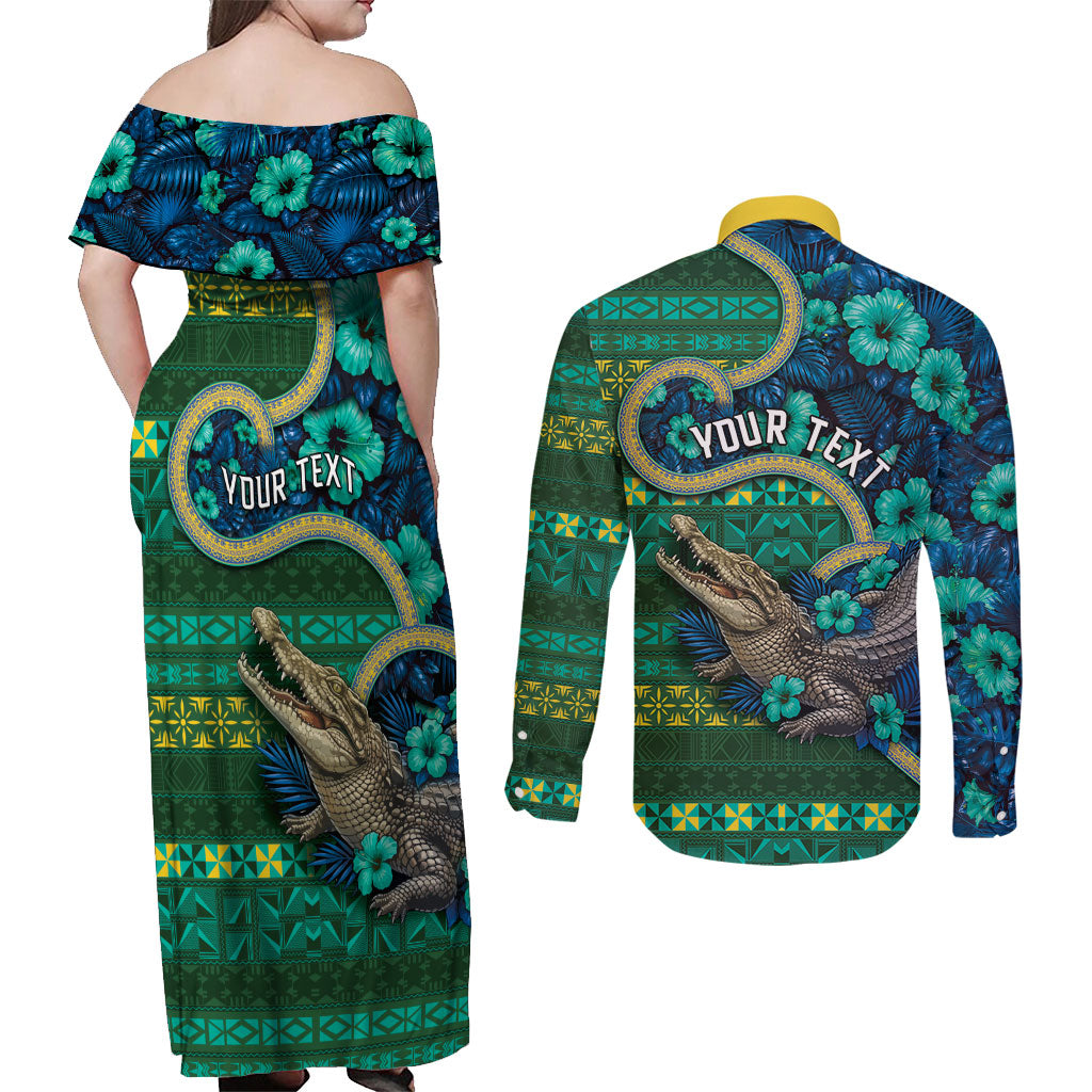 Personalised Solomon Islands Independence Day Couples Matching Off Shoulder Maxi Dress and Long Sleeve Button Shirt Crocodile Hibiscus Tribal Pattern DT05 - Polynesian Pride