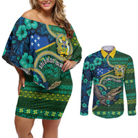 Personalised Solomon Islands Independence Day Couples Matching Off Shoulder Short Dress and Long Sleeve Button Shirt Crocodile Hibiscus Tribal Pattern DT05 Green - Polynesian Pride