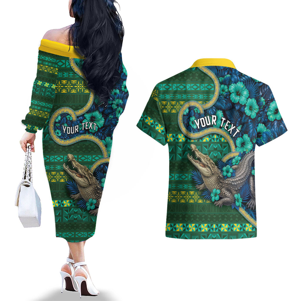 Personalised Solomon Islands Independence Day Couples Matching Off The Shoulder Long Sleeve Dress and Hawaiian Shirt Crocodile Hibiscus Tribal Pattern DT05 - Polynesian Pride